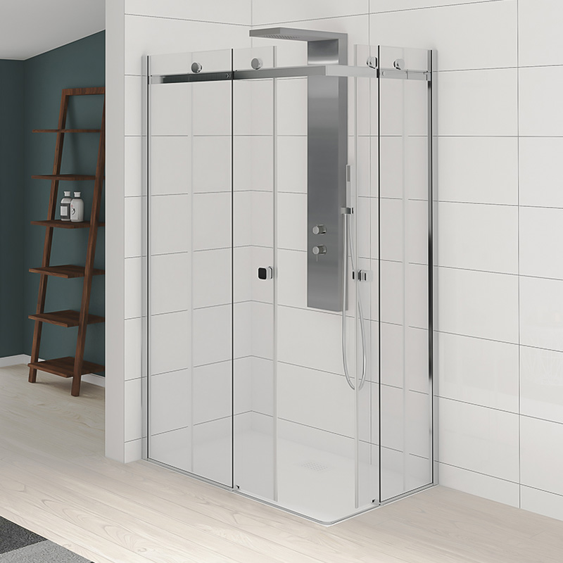 Kinestyle corner entry with 2 sliding doors and fixed panels