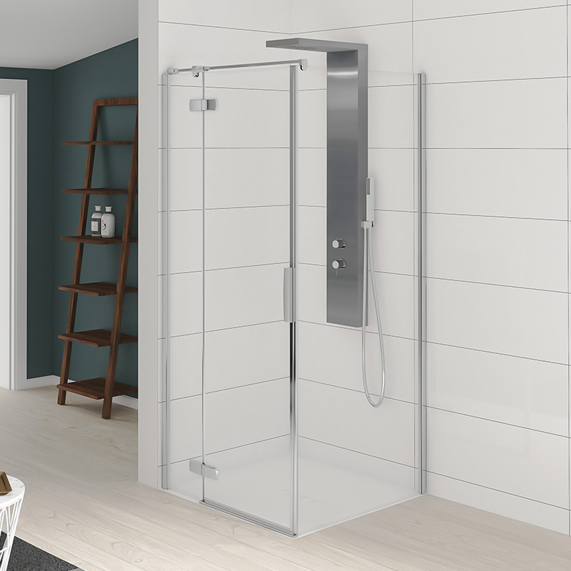 Kinestyle pivot door and fixed side panel with hinges on the left